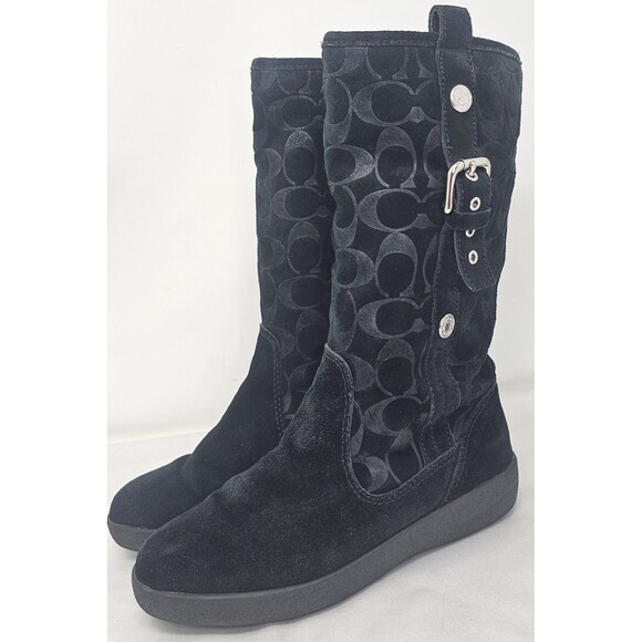 Coach Tulip Women's 5.5B Black Winter Suede Boot Fur Lined Buckle Signature Logo - Picture 1 of 16